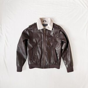 Members Only Brown Leather Faux Fur Lined Bomber Race Jacket, Boys’ 10/12